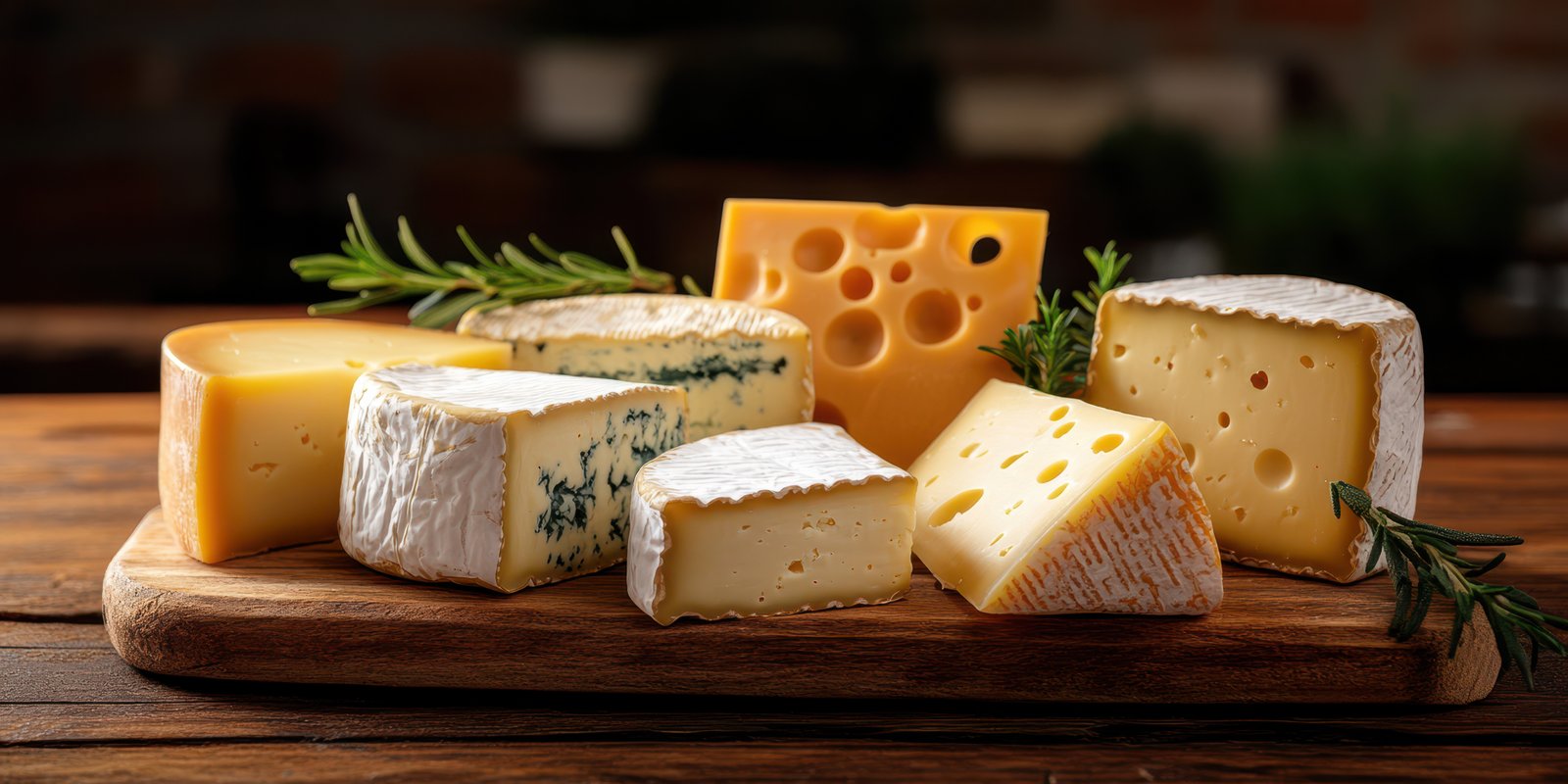Various cheeses arranged on a wooden cutting board with herbs for presentation in a cozy kitchen setting